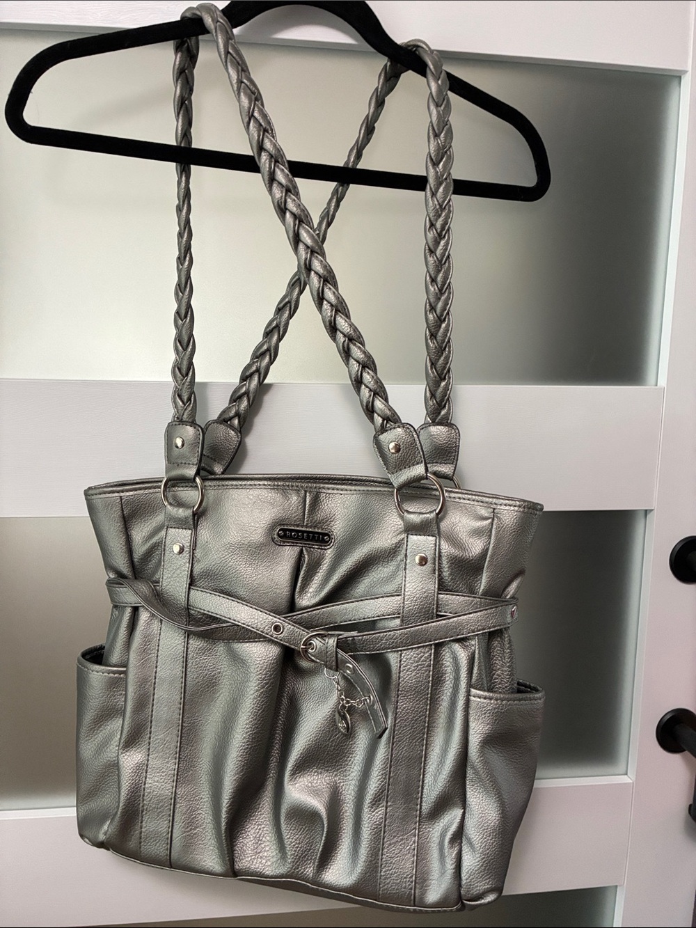 Rosetti Metallic Silver Braided-Handle Tote Bag